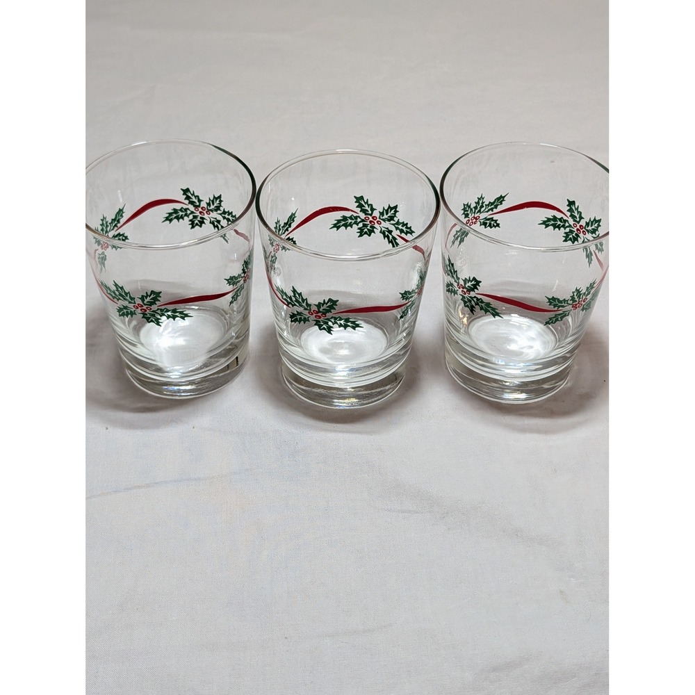 Vintage Christmas Holly Berry Rocks Glasses Set of 3 Holiday Lowball Tumblers